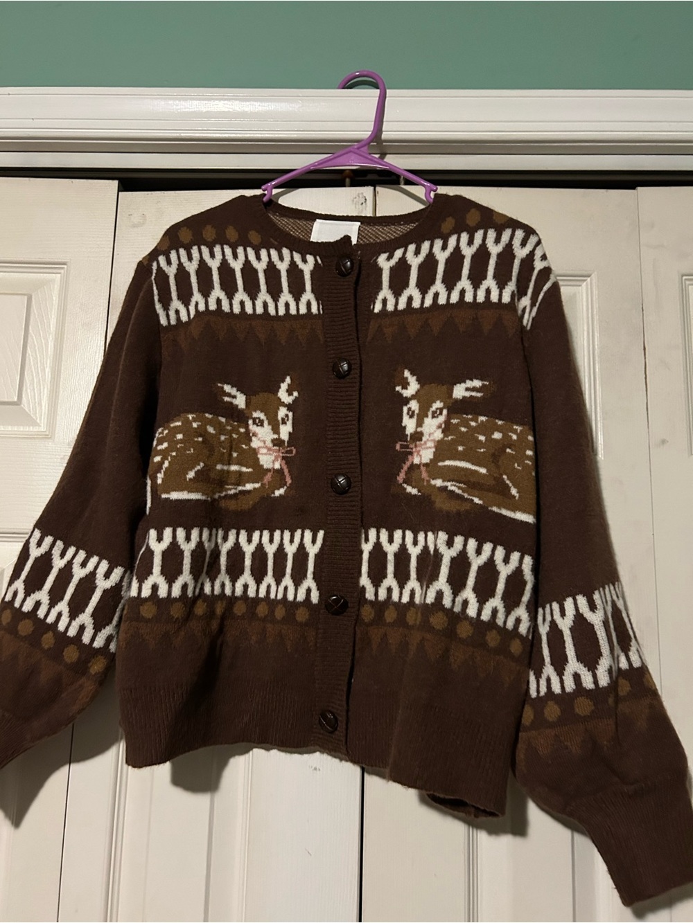 Brown Deer Motif Button-Front Knit Cardigan